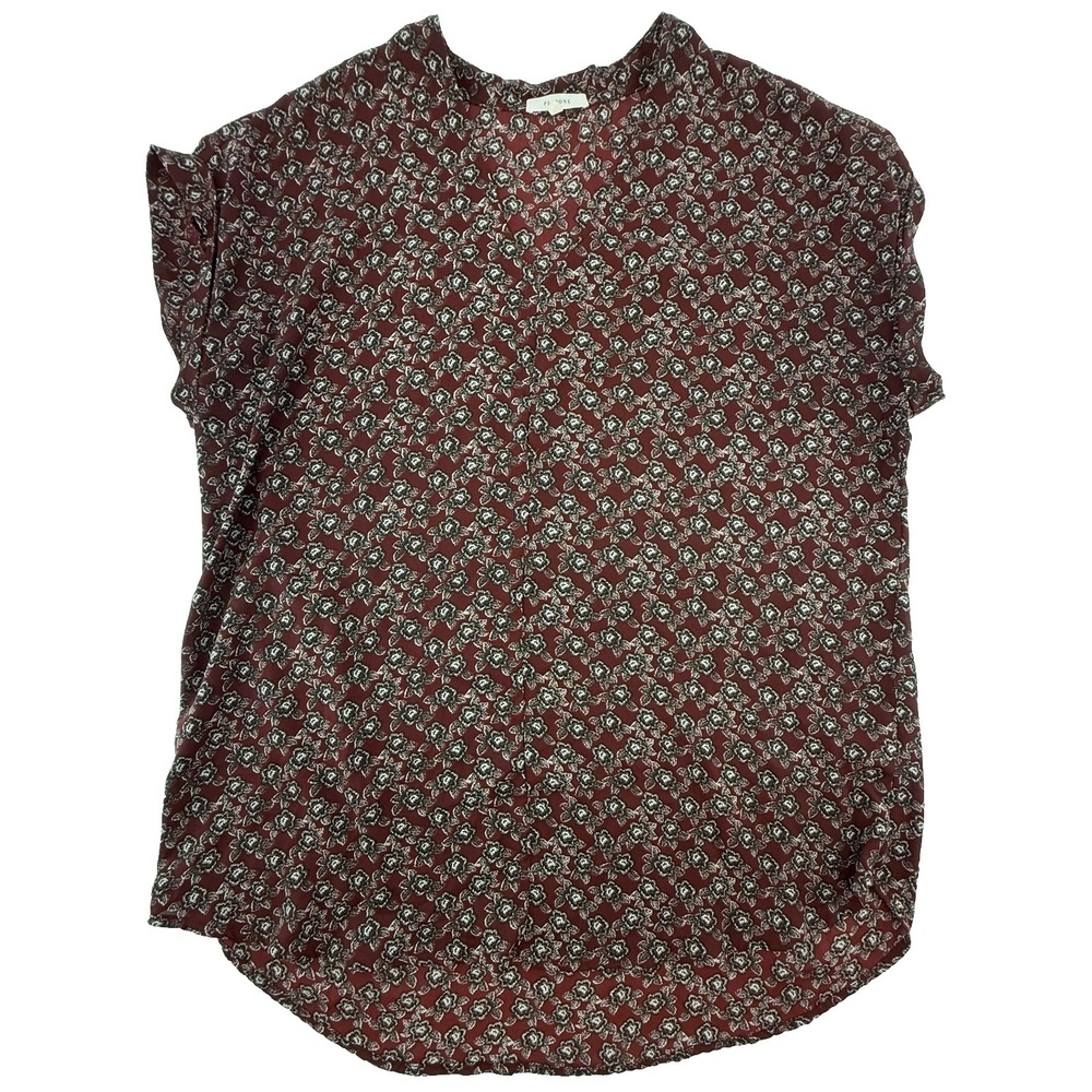 Pleione Womens Blouse Medium‎ Burgundy Floral Short Sleeve Lightweight